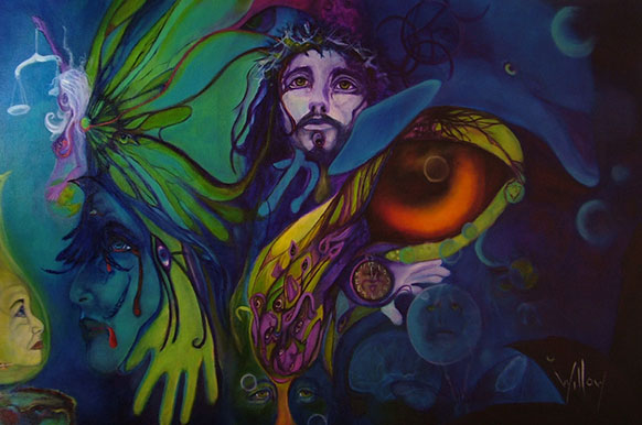 Colorful Surrealist Painting of Jesus, a Fairy, and a Dolphin in Naples, FL